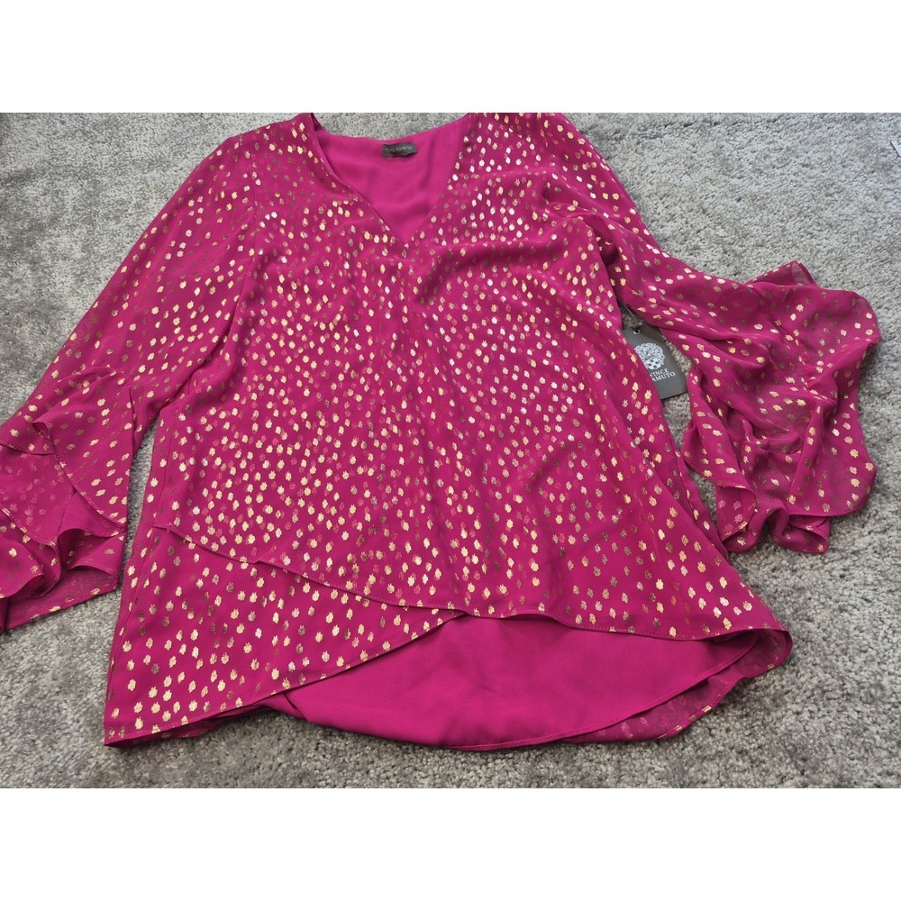 Vince Camuto Top Womens Medium Metallic-Print Flutter-Sleeve Fuschia Rose NWT
